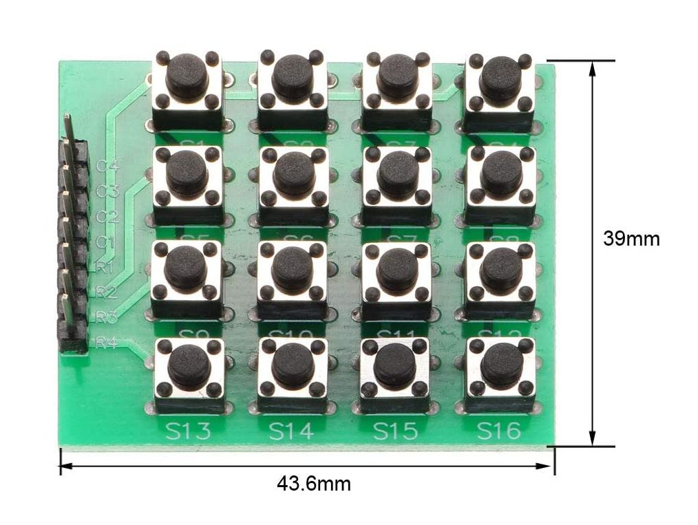 Keypad module 16 knoppen 4x4 groen afmetingen
